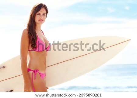 Surfer woman, bikini and beach in portrait for fitness, walk or outdoor on vacation for exercise. Girl, athlete or person for water sports, pride or sunshine for workout, waves or freedom in Naples