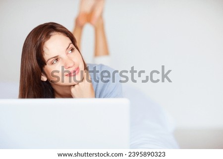 Home, woman and thinking with a laptop, ideas and happiness with mockup space, relax and network. Person, apartment and girl with a pc, peaceful and planning with problem solving, calm or digital app