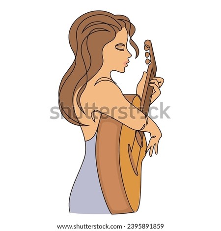 Silhouette of a beautiful woman with a guitar in a modern continuous line style. Girl guitarist, slender. Continuous line drawing, decor outline, posters, stickers, logo. Vector illustration