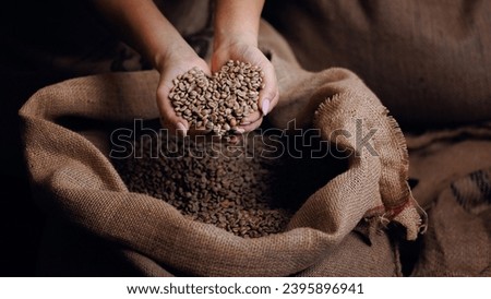 Professional worker hold green coffee beans shaped heart on background jute bag in warehouse. Concept roaster factory, love with espresso. Royalty-Free Stock Photo #2395896941