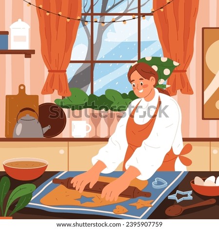 Woman at kitchen making new year or Christmas cookie. Vector illustration for Xmas bakery or pastry. Winter holiday preparation. Christmastime cooking with dough shaker. Baking for wintertime festive Royalty-Free Stock Photo #2395907759