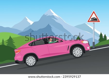 Driving a car on up hill. car goes up the hill. Steep ascent road sign. Flat vector illustration. Royalty-Free Stock Photo #2395929137