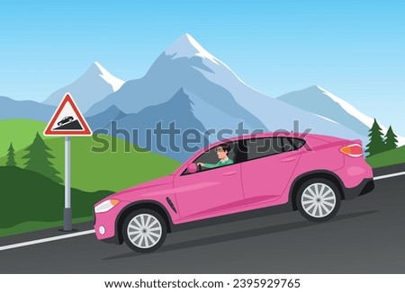 Steep descent. Driving a car on downhill. car goes down the hill. Steep Descent road sign. Flat vector illustration. Royalty-Free Stock Photo #2395929765