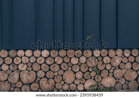 Close up of wall with textures of tree's cuts and gray steel sheet. Gray vertical lines steel siding realistic texture. Dark metal striped roof sheet, seamless pattern.  
Seamed metal roof textures