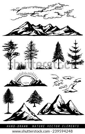 Hand drawing mountains pines clouds and plants vector illustration