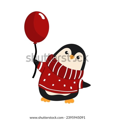 Cute penguin wearing a sweater and holding a red balloon.
