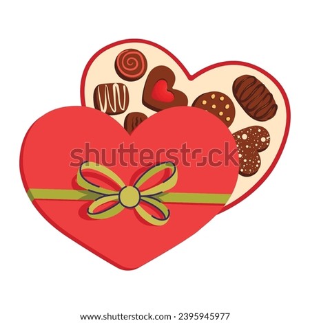 Heart shaped box of chocolate candies. Open gift box with different chocolate bonbons for Valentine's Day, Birthday, Mather's Day greeting cards, banners, etc. Vector illustration.