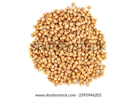 Pile of roasted nuts on white background. Hazelnuts harvest. Filbert photo wallpaper. Full frame of hazel. Peeled brown nut kernels. Healthy organic bio products. Vegetarian, vegan and raw food. Royalty-Free Stock Photo #2395946201