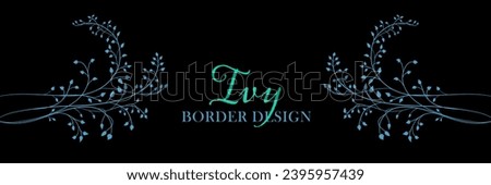 Ivy or vine border design element,  blue ivy outline or silhouette pattern of leaves, spring background clip art on black background
