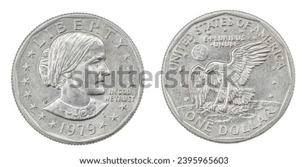1979 P FG Susan B. Anthony Dollar front and back side. First circulating US coin to feature a woman, produced 79-81 and 99. Depicts suffragist Susan B. Anthony. Perfect for Women Rights discussions.  Royalty-Free Stock Photo #2395965603