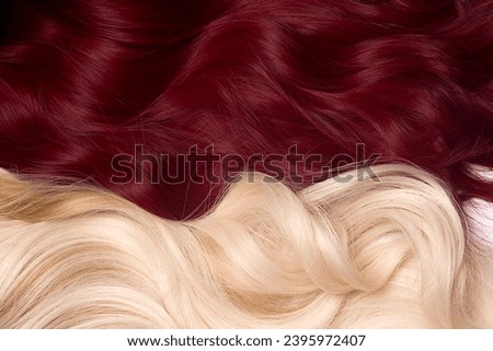 Beautiful, shiny and healthy two colours of hair: burgundy and soft blond texture Royalty-Free Stock Photo #2395972407