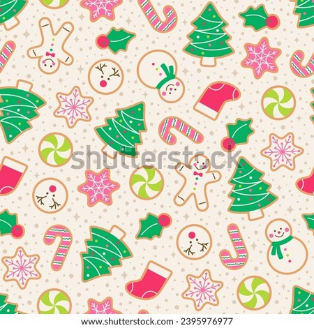 Cute cookies with snow seamless pattern design for christmas holidays background.