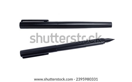 Set of black metal fountain pens with open and close caps isolated on white background.