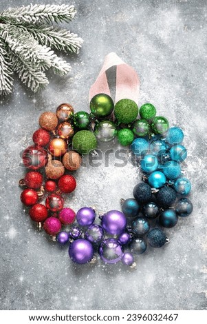 Rainbow Christmas balls. Christmas or New Year background, greeting holiday card.