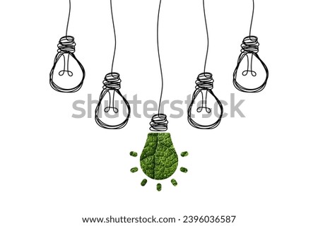 Hanging light bulbs with one glowing on white background. Concept of idea