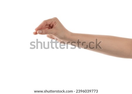 Young woman hand to hold business card or something thin isolated on white background
