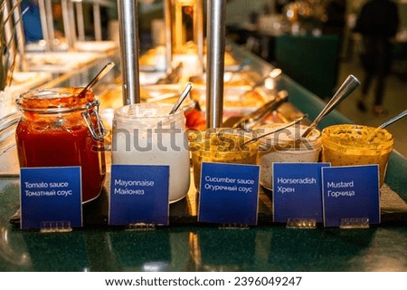 Array of Gourmet Sauces and Condiments at a Hotel Buffet Station Royalty-Free Stock Photo #2396049247