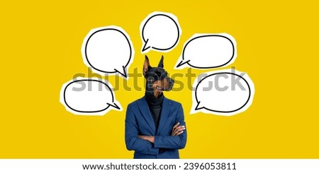Businessman with dog head arms crossed, mockup copy space empty thoughtful bubbles on yellow background. Concept of plan and idea, choice and decision