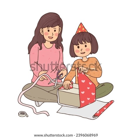 A mother is helping her daughter wrap gifts on a festival day clipart