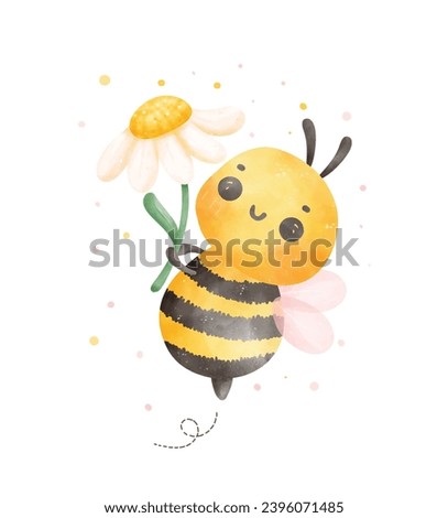 Cute baby honey bee with flower watercolor cartoon character hand painting illustration vector. Royalty-Free Stock Photo #2396071485