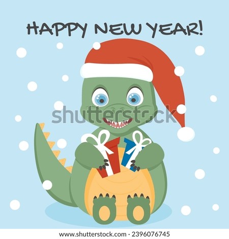 New year greeting card with green dragon in santa claus hat