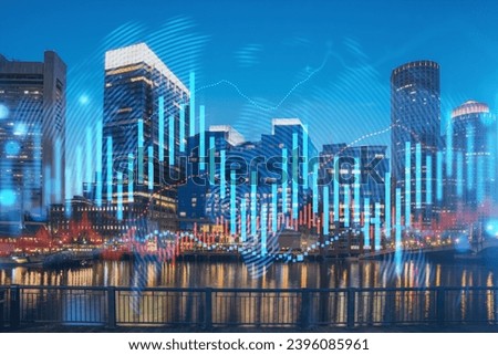 Skyscrapers Cityscape Downtown View, Boston Skyline Buildings. Beautiful Real Estate. Night time. Forex Financial graph and chart hologram. Business education concept.