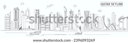 Qatar skyline, Line art illustration. The black and white silhouette of Qatar. Vector template for your design. Royalty-Free Stock Photo #2396093269