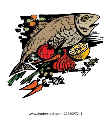 Grilled fish with vegetables. Vector illustration in EPS10