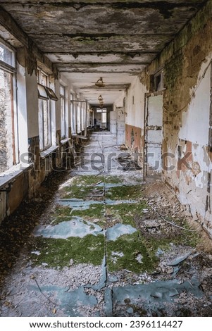 Corridor in school in Illinci abandoned village in Chernobyl Exclusion Zone, Ukraine Royalty-Free Stock Photo #2396114427