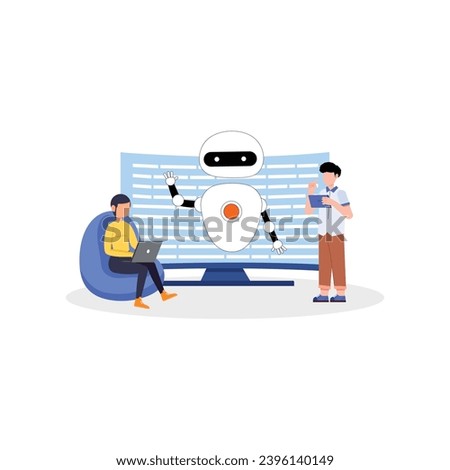 Artificial Intelligence, Chatbot, using and chatting artificial intelligence chat bot developed by tech company. Digital chat bot, robot application, conversation assistant concept flat vector Royalty-Free Stock Photo #2396140149