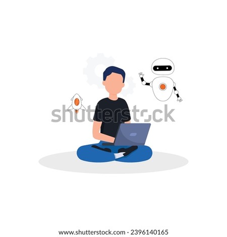 Artificial Intelligence, Chatbot, using and chatting artificial intelligence chat bot developed by tech company. Digital chat bot, robot application, conversation assistant concept flat vector Royalty-Free Stock Photo #2396140165