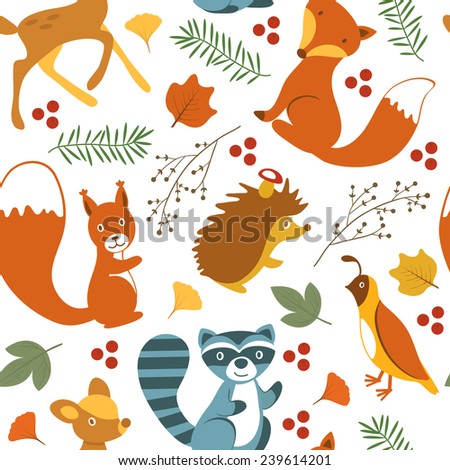 Cute woodland animals seamless pattern. vector illustration