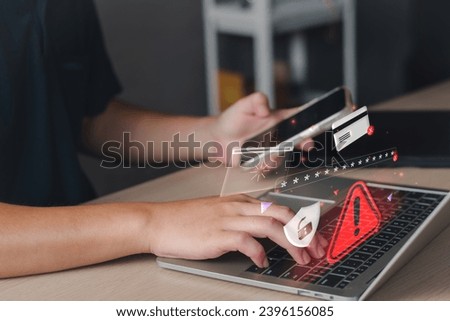 Scam alert, software warning fraud, cyber security. Hacker detection cyber attack on computer network, virus, spyware, malware, malicious software and cybercrime, online website. Protect information Royalty-Free Stock Photo #2396156085