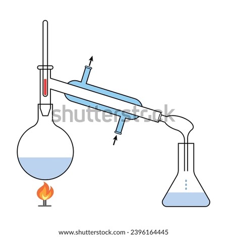 Diagram of water distillation process. Salt water, thermometer, condenser, cooling water, receiving flask and distilled water. Scientific resources for teachers and students. Royalty-Free Stock Photo #2396164445