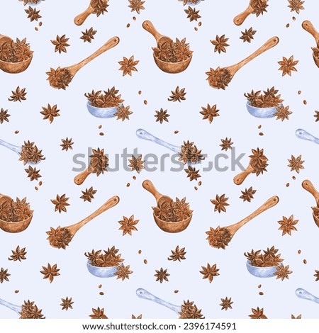 Seamless pattern with the star anise spice, wooden spoons and bowls on a light blue background. For kitchen textile, cookbooks cover, fabric, wallpaper, wrapping paper