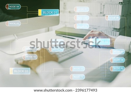 Multi exposure of abstract programming language hologram with hands typing on computer keyboard on background, artificial intelligence and machine learning concept
