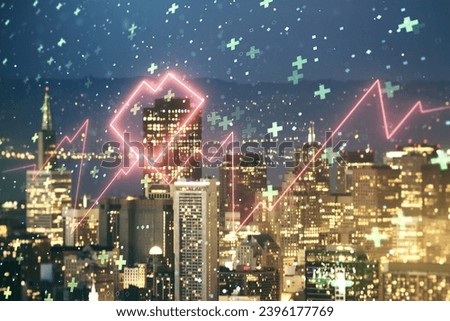 Abstract virtual heart rate sketch on San Francisco office buildings background, Medicine and healthcare concept. Multiexposure