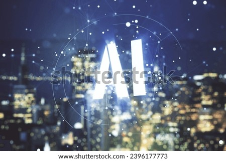 Abstract virtual artificial Intelligence symbol hologram on blurry skyline background. Multiexposure