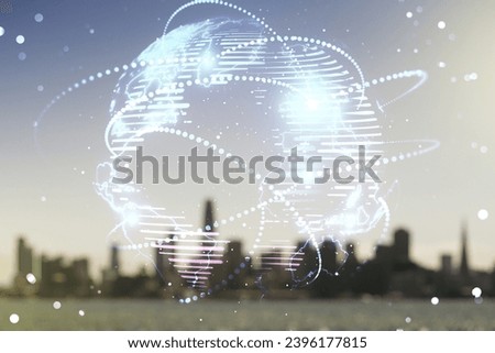 Abstract graphic digital world map hologram with connections on blurry skyscrapers background, globalization concept. Multiexposure