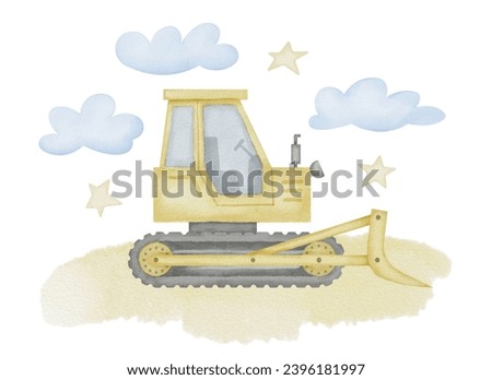 Bulldozer Watercolor illustration. Hand drawn clip art of Dozer on isolated background. Baby toy car sketch. Truck drawing for prints on a boys t-shirt. Painting of transport for construction.