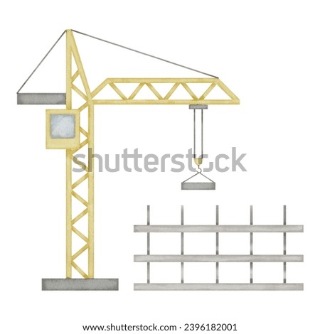 Lifting Crane Watercolor illustration. Hand drawn clip art of hoisting machine on isolated background. Drawing of baby toy for a boys games. Sketch of building construction.