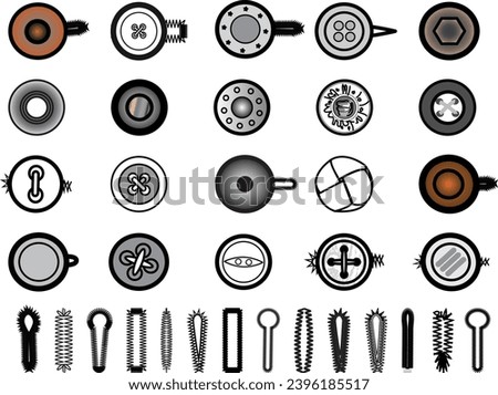 Sewing Buttons flat sketch vector illustration set, different types of Shirt Buttons, Shank button, Flat buttons and Decorative buttons for fasteners, dresses garments, Jeans, Clothing and Accessories Royalty-Free Stock Photo #2396185517