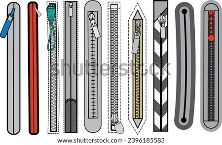 Zip fastener with Zipper puller flat sketch vector illustrator. Set of water proof invisible Zip pocket types for  Shorts, Pants, dress garments, bags, jackets Clothing and Accessories Royalty-Free Stock Photo #2396185583