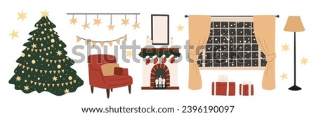 Set of Merry Christmas festive interior illustrations vector clipart, decorated Christmas tree, present, fireplace, xmas home decore, Flat style images.