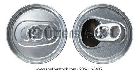 View from top aluminum soda beverage drinks canned container closed and open isolated on white background.  Royalty-Free Stock Photo #2396196487