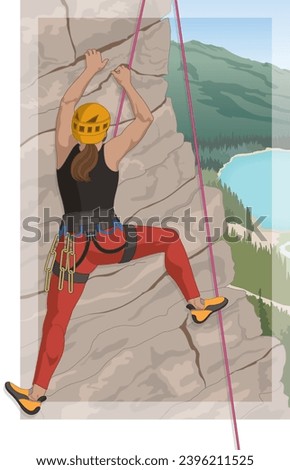 rock climbing female climber scaling natural rock cliff overlooking mountains and trees in the background