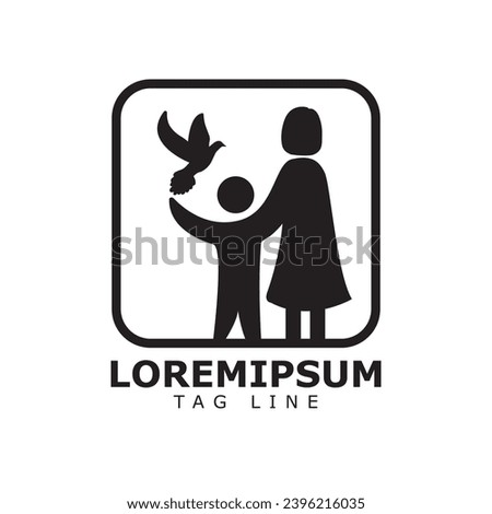 Welfare orphanage logo with a happy human female and child and a bird. Silhouette of woman and orphan kid icon for charity. Mom and son corporate business brand identity design. Vector illustration.