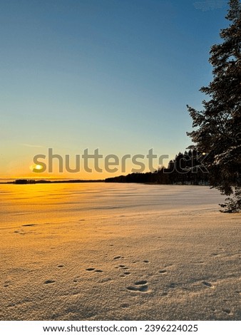 Winter wonderland image from Finland on a cold December afternoon during beautiful sunset. Cold day with snowy ground. Freezing temperature for outdoor activities.