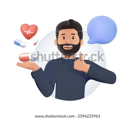 Nutrients for a healthy lifestyle, 3D illustration. Pharmacist who prepares medicines and explains prescribed medications. Customer asking a question. Healthcare and medical concept, doctor or patient