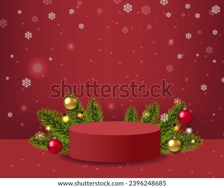 Christmas Banner With Fir Tree Red Podium With Gradient Mesh, Vector Illustration